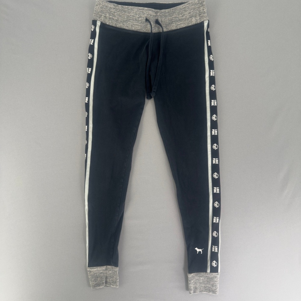 Victoria's Secret PINK Black Gray Logo Side Stripe Jogger Leggings Drawstring